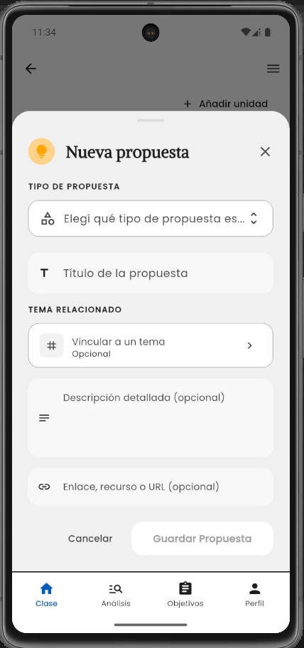 Pantalla para crear una nueva propuesta en Aprendices