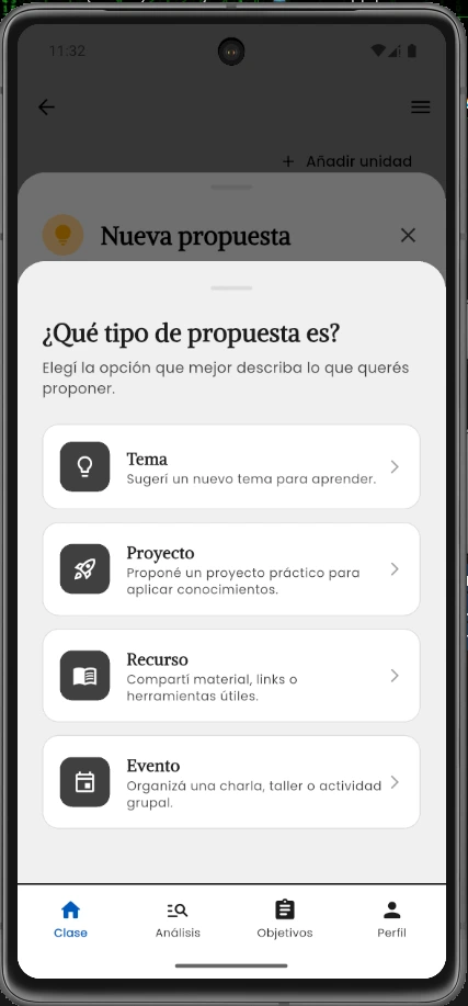 Pantalla para elegir el tipo de propuesta en Aprendices